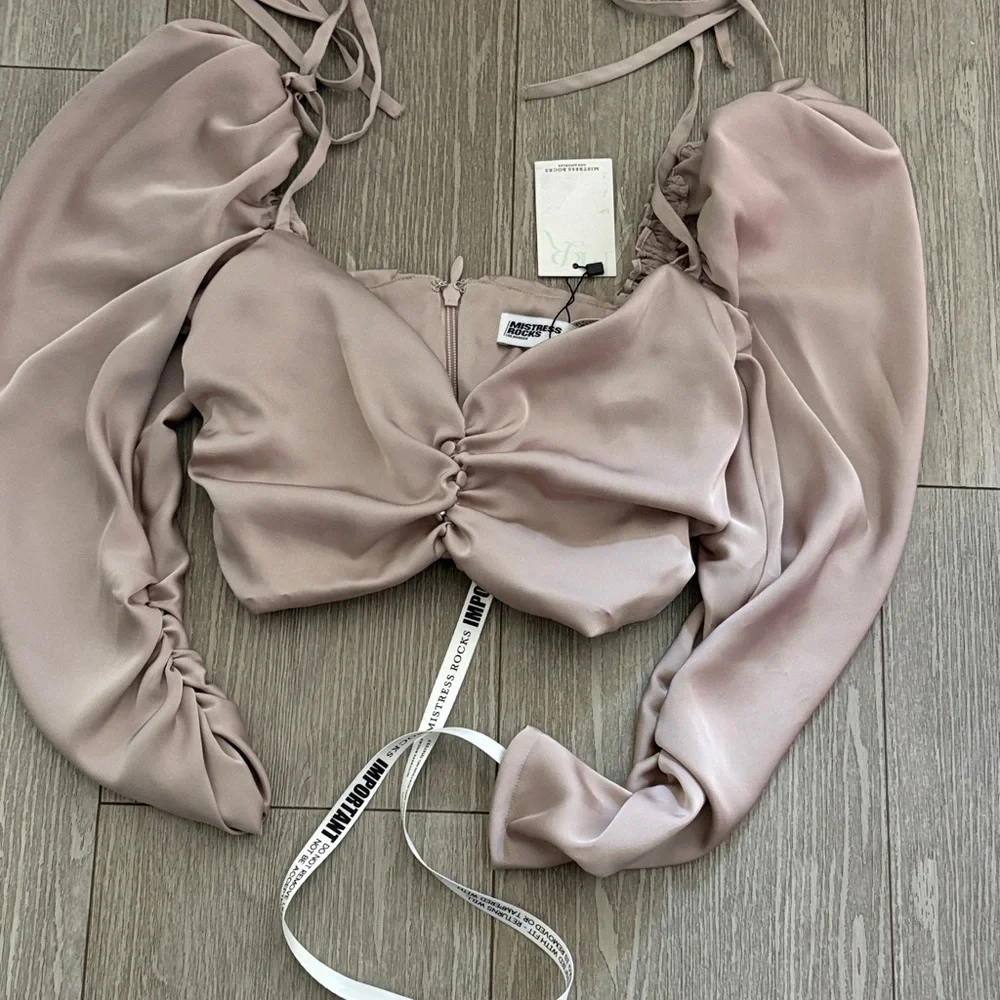 Mistress Rocks NWT 
Light Beige Satin Gathered Crop Top Small - Picture 6 of 8